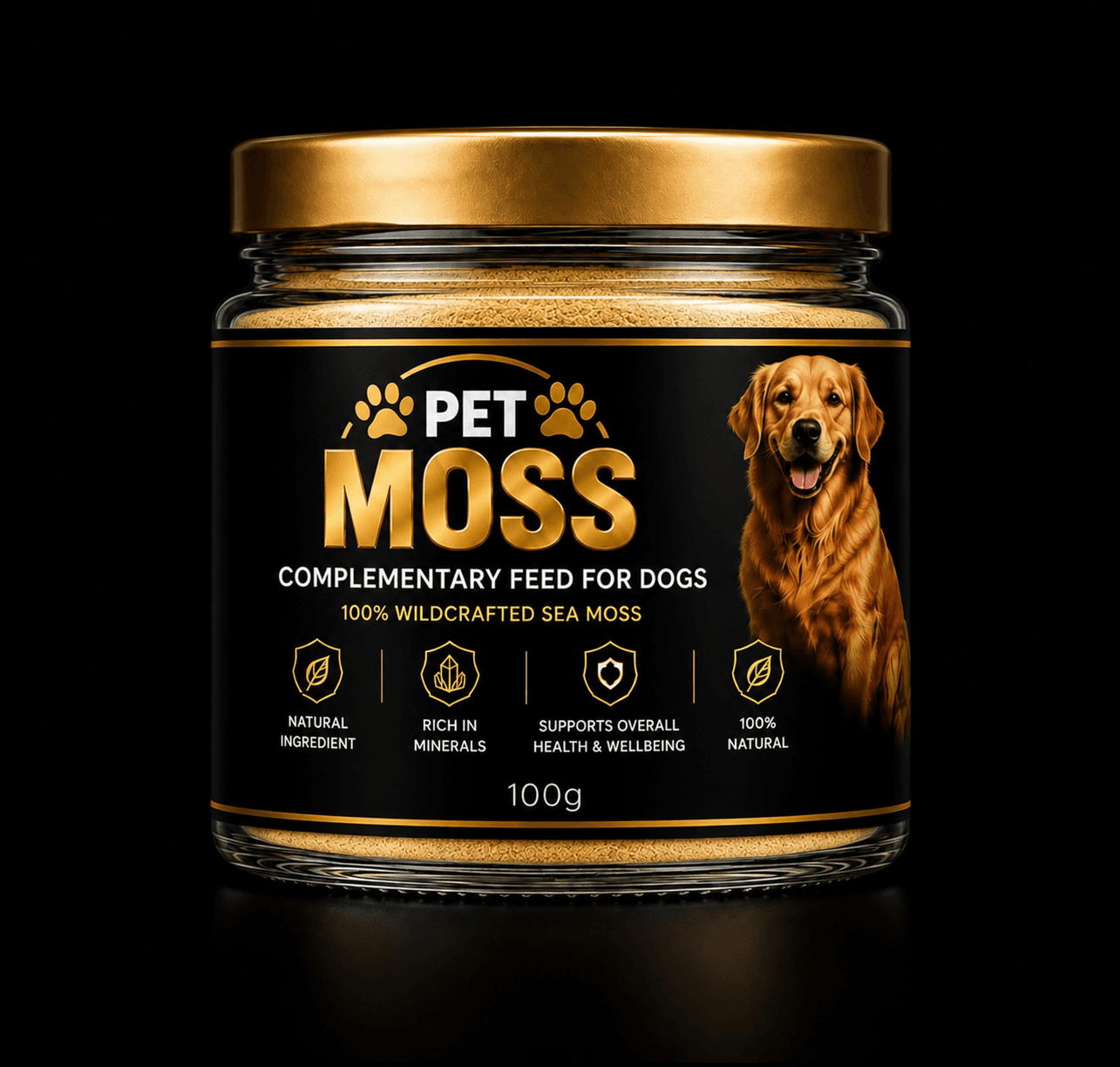 Glass jar of Pet Moss for Dogs with a gold lid and black-and-gold label reading “Complementary feed for dogs, 100% wildcrafted sea moss, 100g”, with a golden retriever illustration