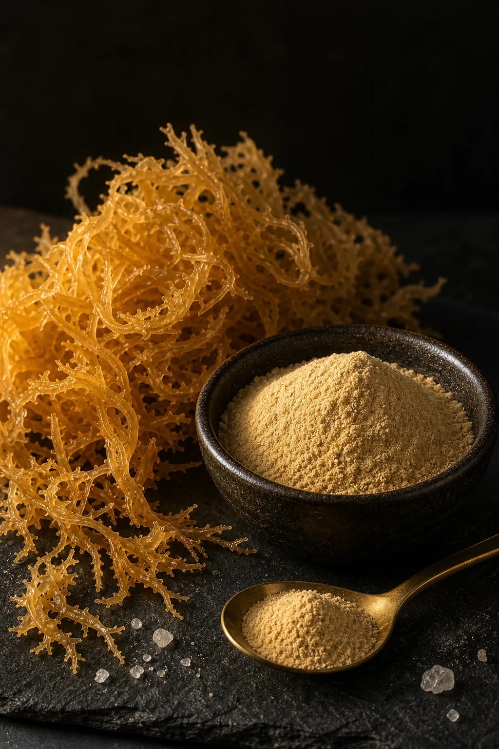 Strands of dried golden sea moss beside a dark bowl of finely milled sea moss powder and a brass spoon on slate