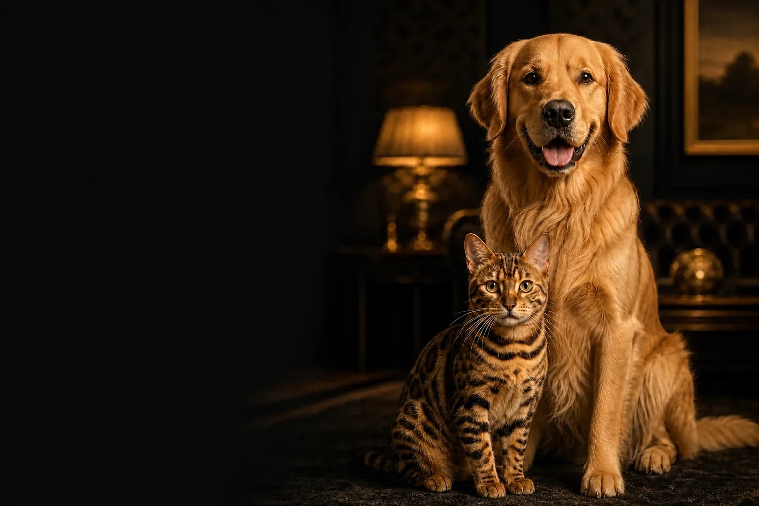 A smiling golden retriever and a Bengal cat sitting together in a dark, warmly lamp-lit living room